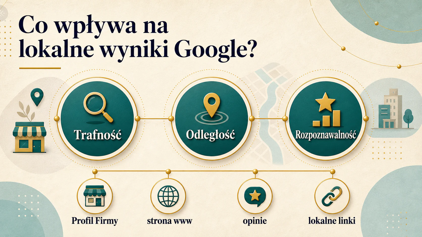 Infografika: trzy czynniki lokalnych wyników Google – trafność, odległość i rozpoznawalność
