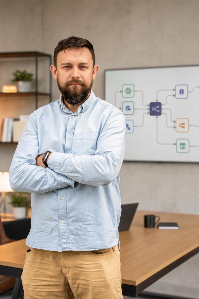 Marek Stokowski przy schemacie automatyzacji AI
