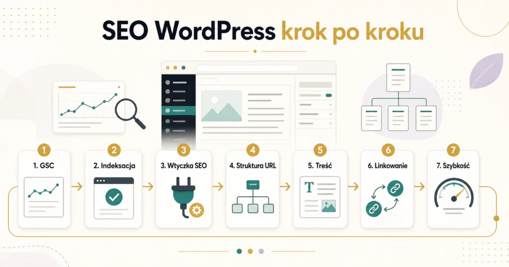 Infografika SEO WordPress krok po kroku: GSC, indeksacja, wtyczka SEO, struktura URL, treść, linkowanie i szybkość