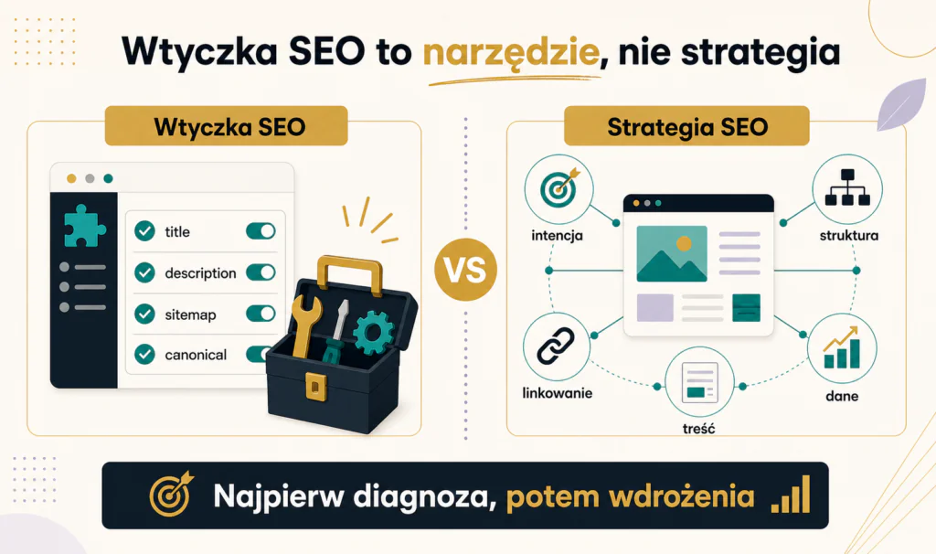 Infografika porównująca wtyczkę SEO i strategię SEO w pozycjonowaniu WordPress
