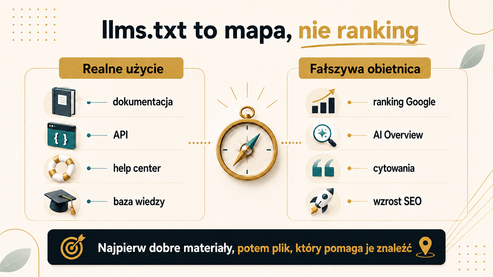 Infografika pokazująca, że llms.txt jest mapą do dokumentacji, API, help center i bazy wiedzy, a nie obietnicą rankingu Google, AI Overview, cytowań ani wzrostu SEO.